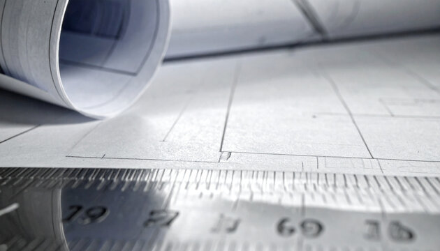 Architectural Blueprints and Ruler: Close-up of rolled-up architectural blueprints with a metal ruler, showing grid lines and measurements, representing planning and design.