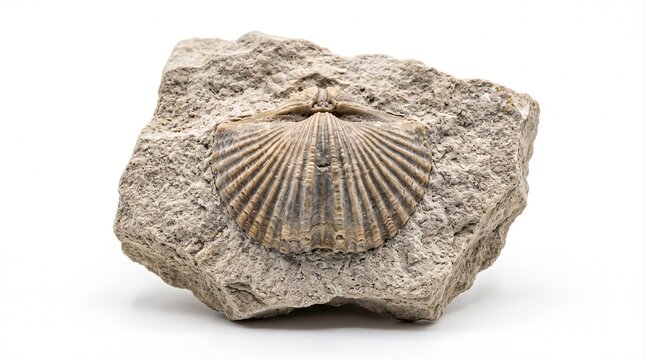 Detailed brachiopod fossil preserved in a limestone rock matrix, isolated on white for paleontology, geology and natural history concepts.