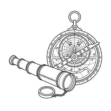 Nautical astrolabe and spyglass telescope line art illustration for maritime navigation.
