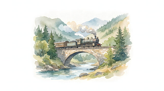 Vintage steam train crossing stone arch bridge over river in mountain forest watercolor
