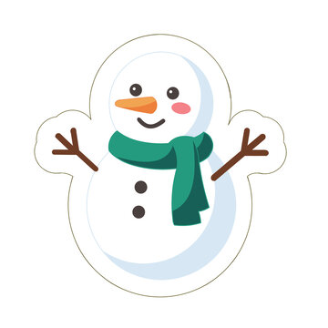 Cute Christmas snowman sticker with green scarf and carrot nose, vector holiday illustration
