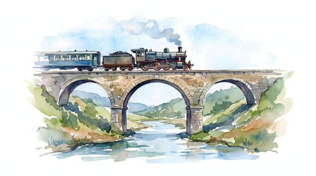 Vintage steam locomotive crossing a stone arch bridge over a river in watercolor style.