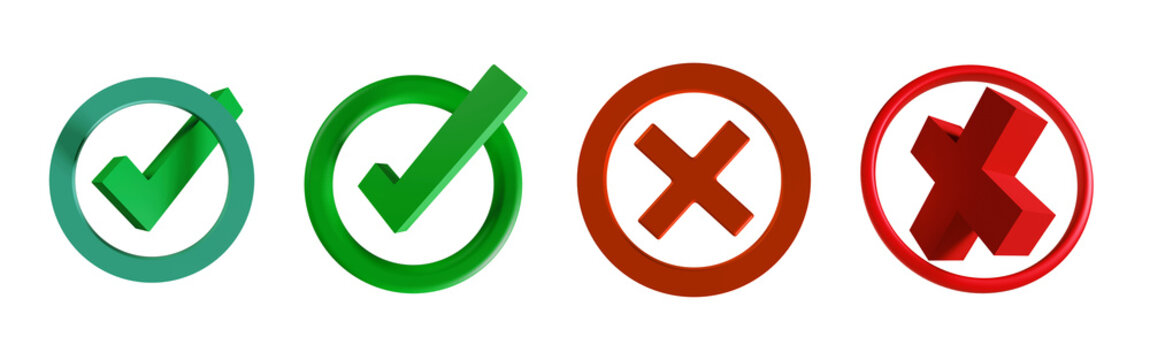 Set of green check mark and red cross symbols isolated on white background