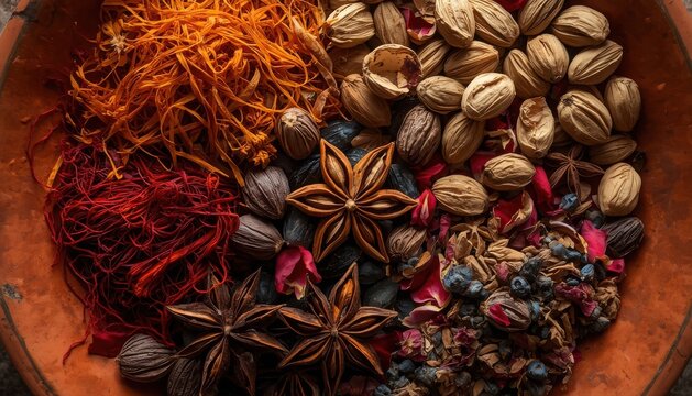 Assorted oriental spices and herbs arranged in a wooden bowl for cooking and seasoning with star anise dried flowers flat lay spice rack seasoning ingredient oriental colorful assortment