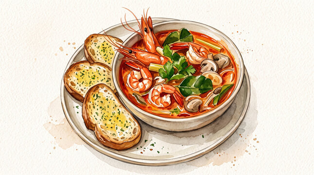 Watercolor Tom Yum Goong Soup with Garlic Bread Illustration