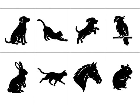 Domestic Pets Silhouette Set, Dog Cat Rabbit Horse Parrot Hamster Vector Icons Collection