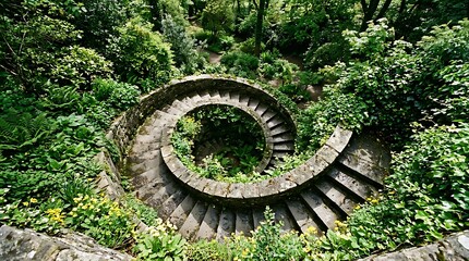 Fototapeta premium Spiral Stone Staircase in Lush Green Garden Curved Ancient Pathway Natural Landscape Architecture Outdoor Serenity