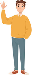 Young Cheerful Man in Yellow Sweater Waving Hand Vector Cartoon Character © TrappedMorghulis