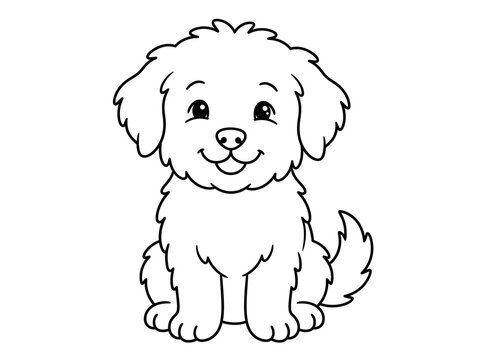 Adorable Puppy Coloring Page for Kids, Cute Fluffy Dog Line Art Outline Vector Illustration