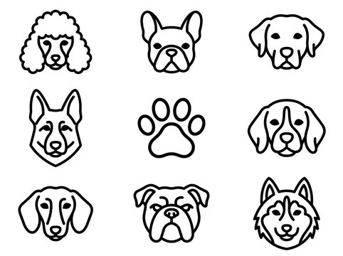 Dog Breeds Head Faces and Paw Print Line Art Icons Set Vector