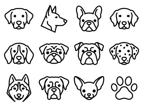 Dog Breeds Head Faces and Paw Print Line Art Icons Set Vector