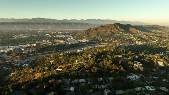 San Fernando Valley Sunset Aerial Shot of Studio City from Briar Summit Orbit R