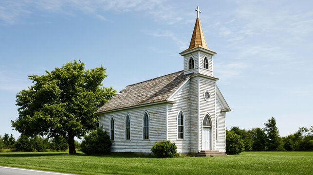 Old white gothic revival church, green lawn, leafy tree, rural landscape, blue sky, historic architecture evokes quiet spiritual reflection