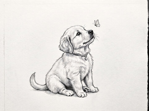 Pencil Sketch of Cute Puppy Looking at Butterfly Isolated on White Background