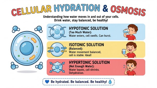 Educational Infographic Explaining Cellular Hydration and Osmosis Science for Kids