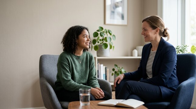 Two diverse women having a friendly conversation during a professional meeting in a bright office.