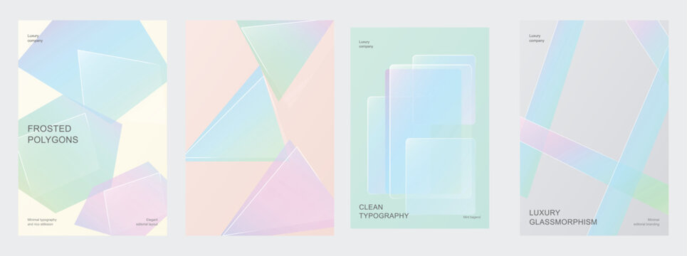 Pastel soft glassmorphism poster template set with translucent frosted polygons clean geometric shapes and light minimal background vector artwork