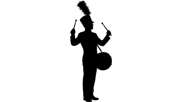 Silhouette of marching band drummer white background.