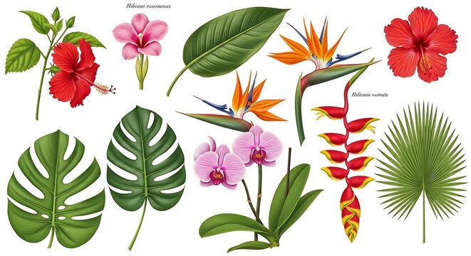 Set of various tropical leaves and exotic flowers botanical watercolor