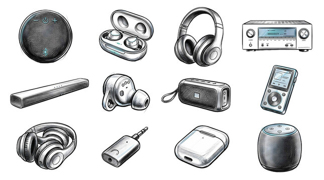 Hand drawn set of modern audio devices and music gadgets on transparent background