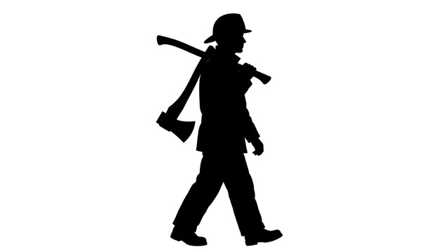 Silhouette of person carrying axe white background.