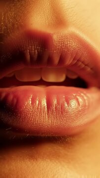 Macro view of human lips in warm light.