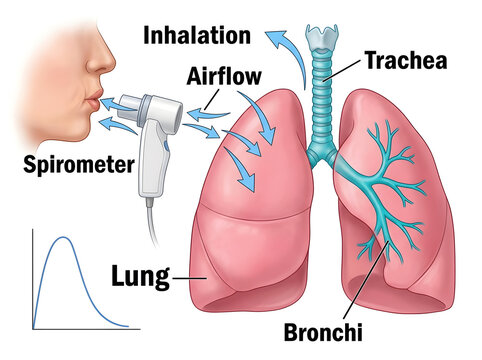 Person using spirometer testing lung function isolated on white background