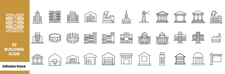 Fototapeta premium 32 Building Icons Set - Editable Stroke Line Icons for Architecture, Real Estate, City Skyscrapers, Factory, Church, Museum, Stadium and Warehouse