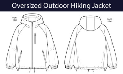 Oversized outdoor hiking jacket technical fashion illustration, utility winter outerwear with raglan sleeves, zip pockets, elastic cuffs and drawcord hem, unisex CAD vector template © ProPixel Studio