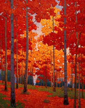 Autumn maple forest glowing in warm red and gold evening light &mdash; painterly illustration style forest