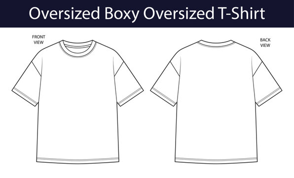 Oversized boxy T shirt technical fashion flat sketch. Mens relaxed fit drop shoulder tee vector template for apparel design, front and back views, CAD clothing mockup