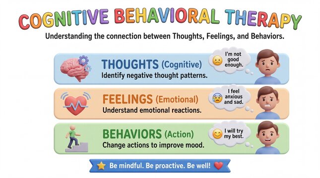 Cognitive Behavioral Therapy CBT Infographic Explaining the Connection Between Thoughts Feelings and Behaviors