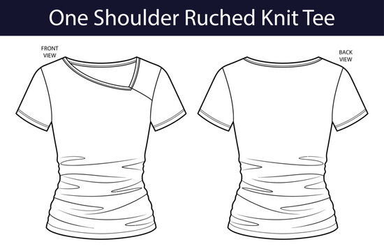 One shoulder ruched knit tee technical fashion illustration, asymmetrical gathered t shirt vector template for womens apparel, front and back views, CAD garment design