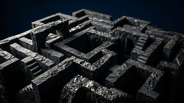 Abstract dark stone labyrinth model with intricate staircases and arches, architectural concept of mystery and complexity