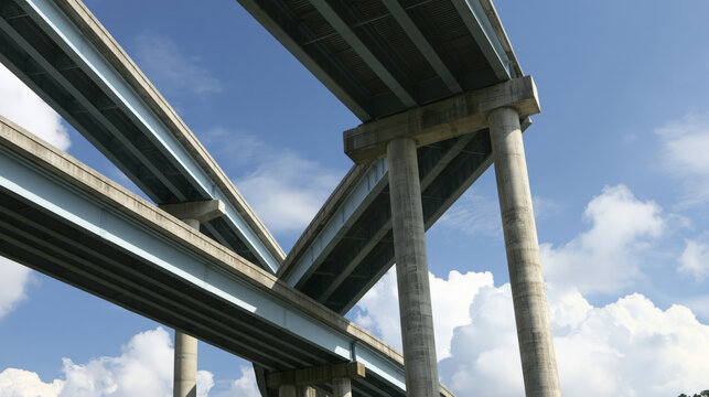 Elevated freeway bridge structure against blue sky and white cloud, showing concrete pillar, steel beam, and layered roadway design from below