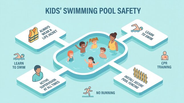 Kids Swimming Pool Safety Infographic Isometric Vector Illustration