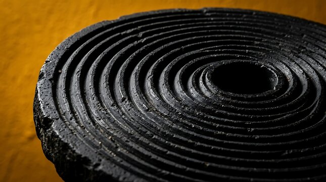 Closeup of a circular black textured stone stool or sculpture with concentric rings against a vibrant yellow background
