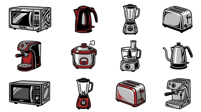 Kitchen appliances vector icons set with microwave blender and toaster on transparent background