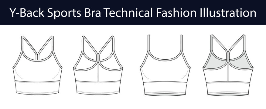 Y back sports bra with V neck and wide underband, womens activewear technical fashion illustration, supportive seamless workout top vector template, front and back views, CAD apparel design