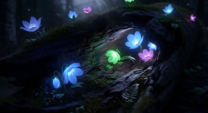 Glowing magic flowers growing in dark enchanted forest fantasy woodland scene