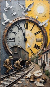Large Vintage Clock with Flying Birds, Railroad Track, and Soldiers Working