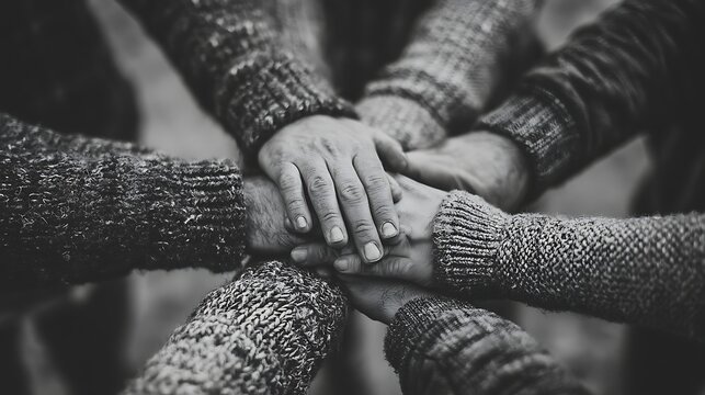 Group of diverse hands stacked together in unity under natural daylight. Powerful teamwork concept for corporate leadership and community support.