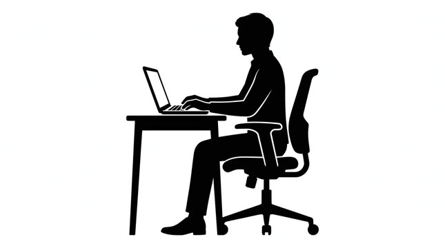 Black silhouette of a professional businessman sitting at a desk and working on a laptop computer