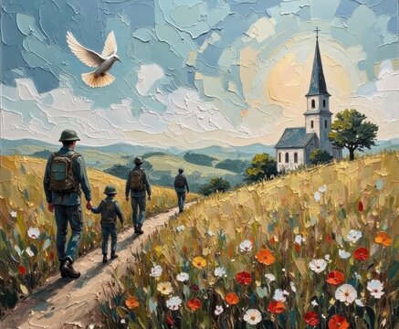 Family Hiking Along Mountain Trail Past Church with Colorful Wildflowers and Distant Hills