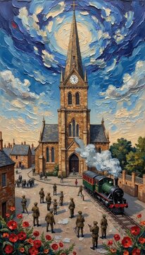 Historic church with tall steeple, vintage train, and gathering crowd in village setting