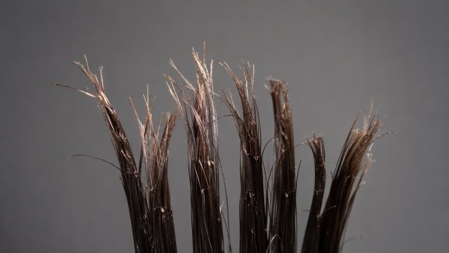 Hair split ends macro of multiple dark brown hair bundles with severely frayed tips on grey background, extreme hair damage and hair care concept