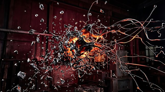 Molten metal explosion with glowing liquid sparks and dark debris flying in a dark industrial workshop setting