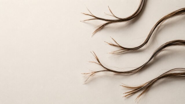 Hair split ends flatlay of four curved dark brown hair strands with forked frayed tips on cream background, hair damage and hair care concept
