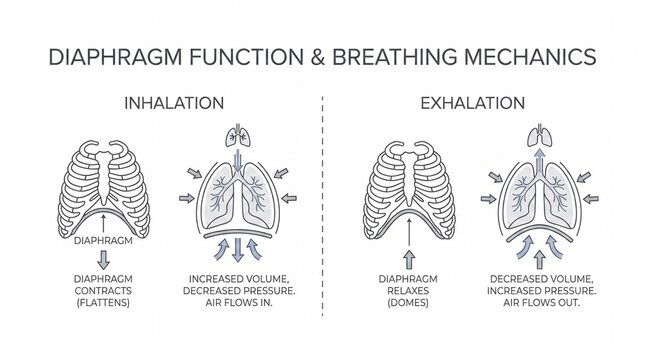 Human Respiratory System Diagram Showing Diaphragm Function and Breathing Mechanics of Inhalation and Exhalation