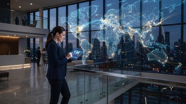 Global business professional leveraging advanced technology to visualize worldwide data networks and strategic connections within a sophisticated urban corporate environment